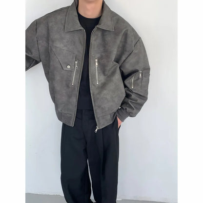 saferido Short Leather Jacket Men Oversized Fashion Casual Motorcycle Jackets Men Streetwear Hip-hop Loose Bomber Jacket Mens Outwear