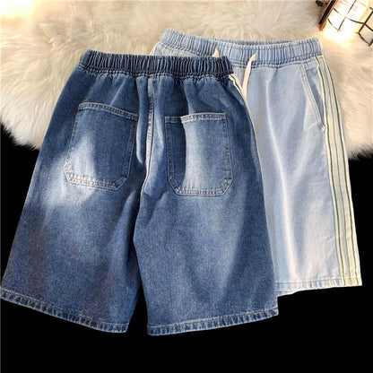 saferido Summer New Men's Denim Shorts Korean Street Loose Casual Shorts Fashion Elastic Waist Stitching Blue Five-point Pants