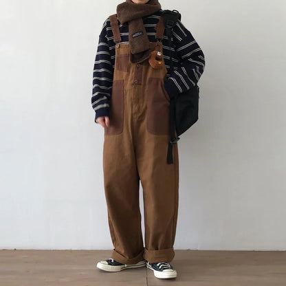 saferido Mens Japanese Workwear Style Casual Jumpsuit 2024 New Genderless Fashion Trend Loose Color Blocking Versatile Overalls Unisex