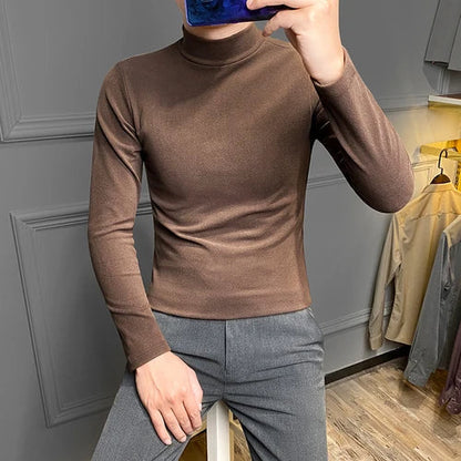 saferido Casual Men High Quality Spring and Autumn Solid Color Half A Turtleneck Long Sleeve Slim Base Shirt Men's Double-Faced Pile