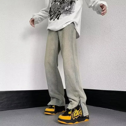saferido Trendy Black American Style Vibe Straight-leg Jeans Men's Casual Loose Fit Zippered Side Slit Denim Trousers