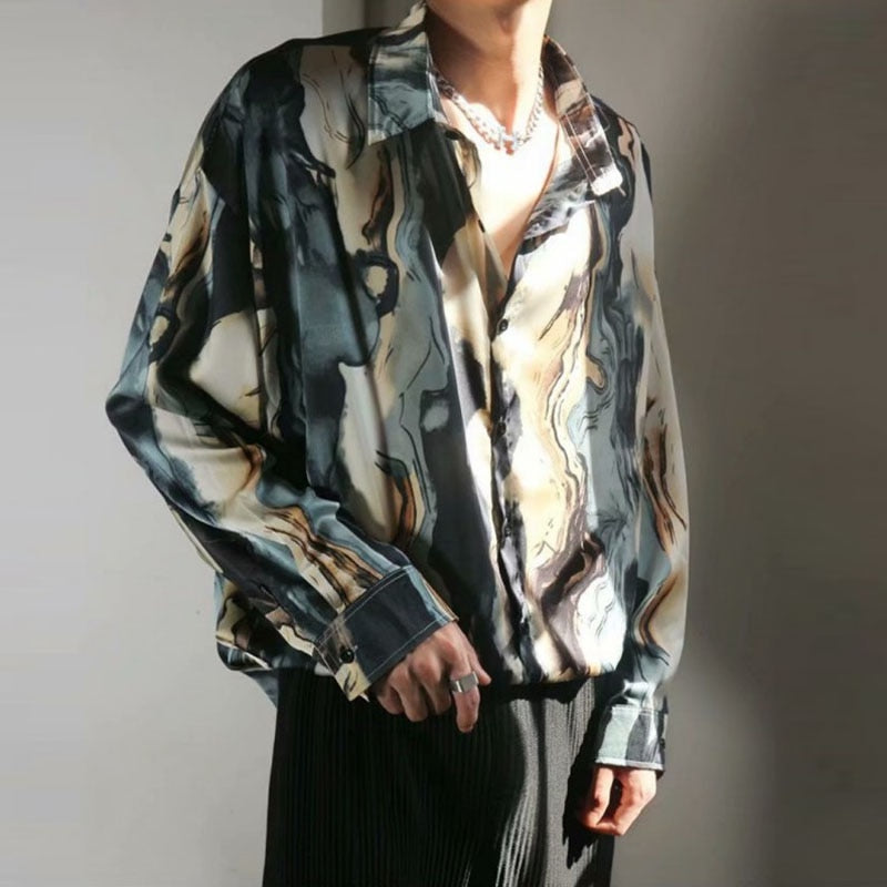 Fall Harajuku Shirts Men Y2K Style Graphic Print Long Sleeve Shirt Streetwear Mens Clothing Fashion Lapel Button-up Shirts