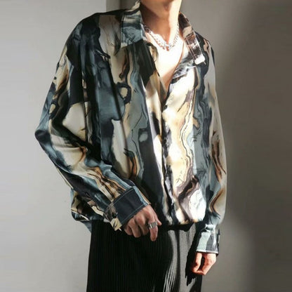 Fall Harajuku Shirts Men Y2K Style Graphic Print Long Sleeve Shirt Streetwear Mens Clothing Fashion Lapel Button-up Shirts