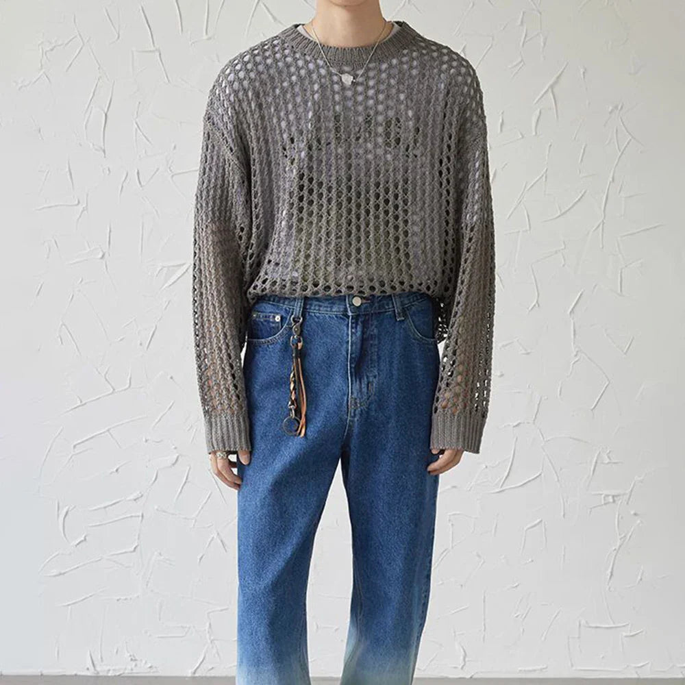 Mens Y2k Hollow Out Outfits See-Through Knit Shirts New Summer Fashion All-Match Casual Geometric Vintage Loose Smock Tops