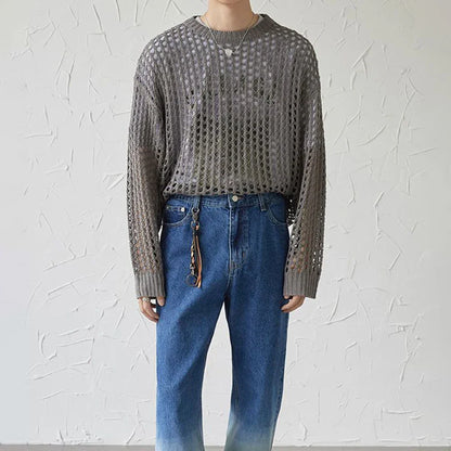Mens Y2k Hollow Out Outfits See-Through Knit Shirts New Summer Fashion All-Match Casual Geometric Vintage Loose Smock Tops