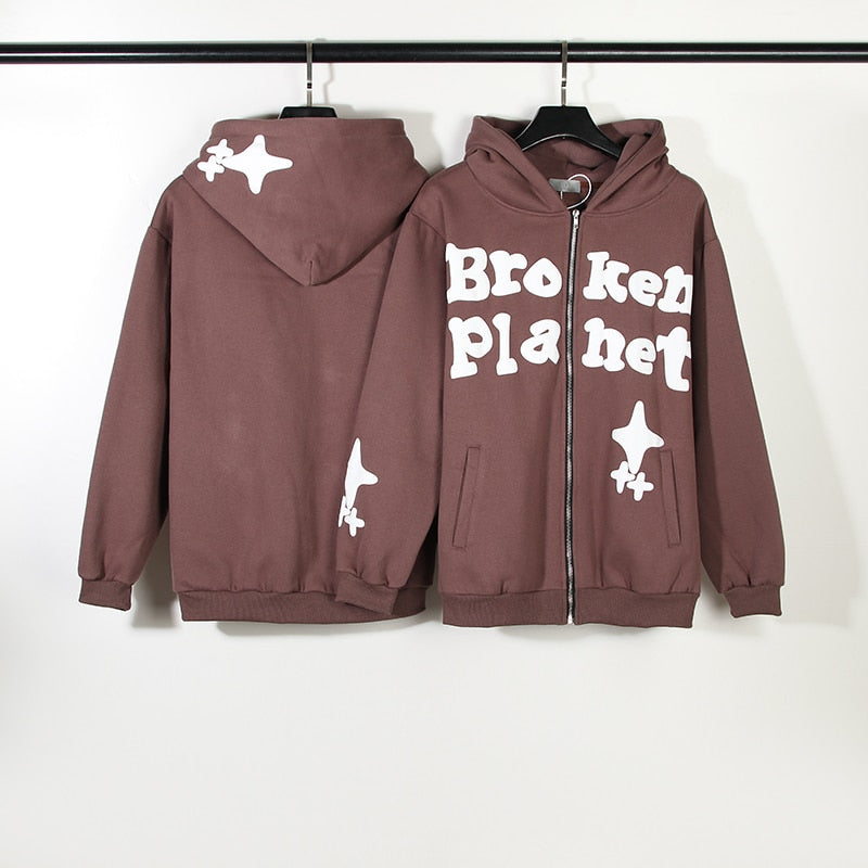 Foam Graffiti Zipper Hooded Hoodies for Men Fleece Casual Cardigan Coat Unisex Hip Hop Loose Sweatshirts