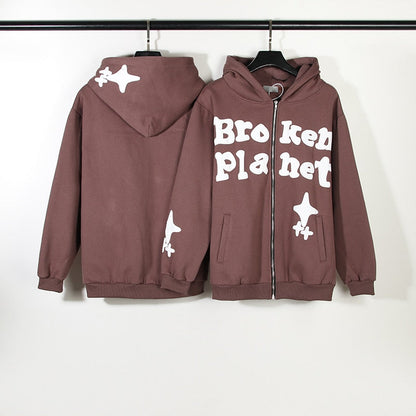 Foam Graffiti Zipper Hooded Hoodies for Men Fleece Casual Cardigan Coat Unisex Hip Hop Loose Sweatshirts
