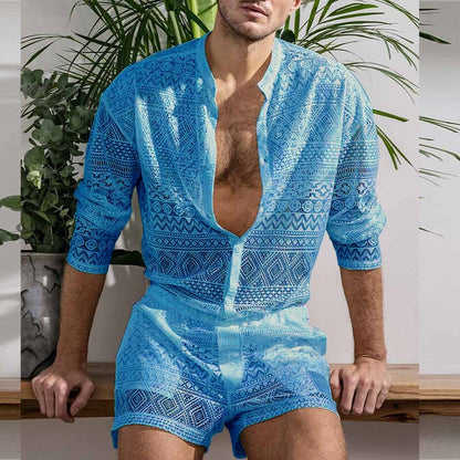 New Arrivals Men Set Summer Sexy See Through Lace Outfits Beach Fashion Short Sleeved Tops And Shorts Mens Two Piece Suits