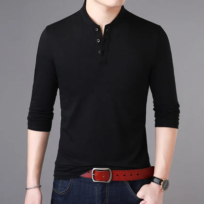 saferido New Spring Autumn Casual Men T Shirt Cotton Long Sleeve Stand Collar Tops Tees Mens Slim Fit Solid Color Tshirt Men Clothing