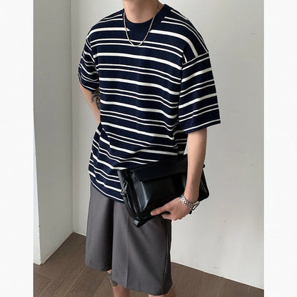 saferido Korean Style Men's Loose Pullover Round Neck Knit T-shirts Striped Printing Top Clothes Tshirts Apricot/navy Color T Shirts