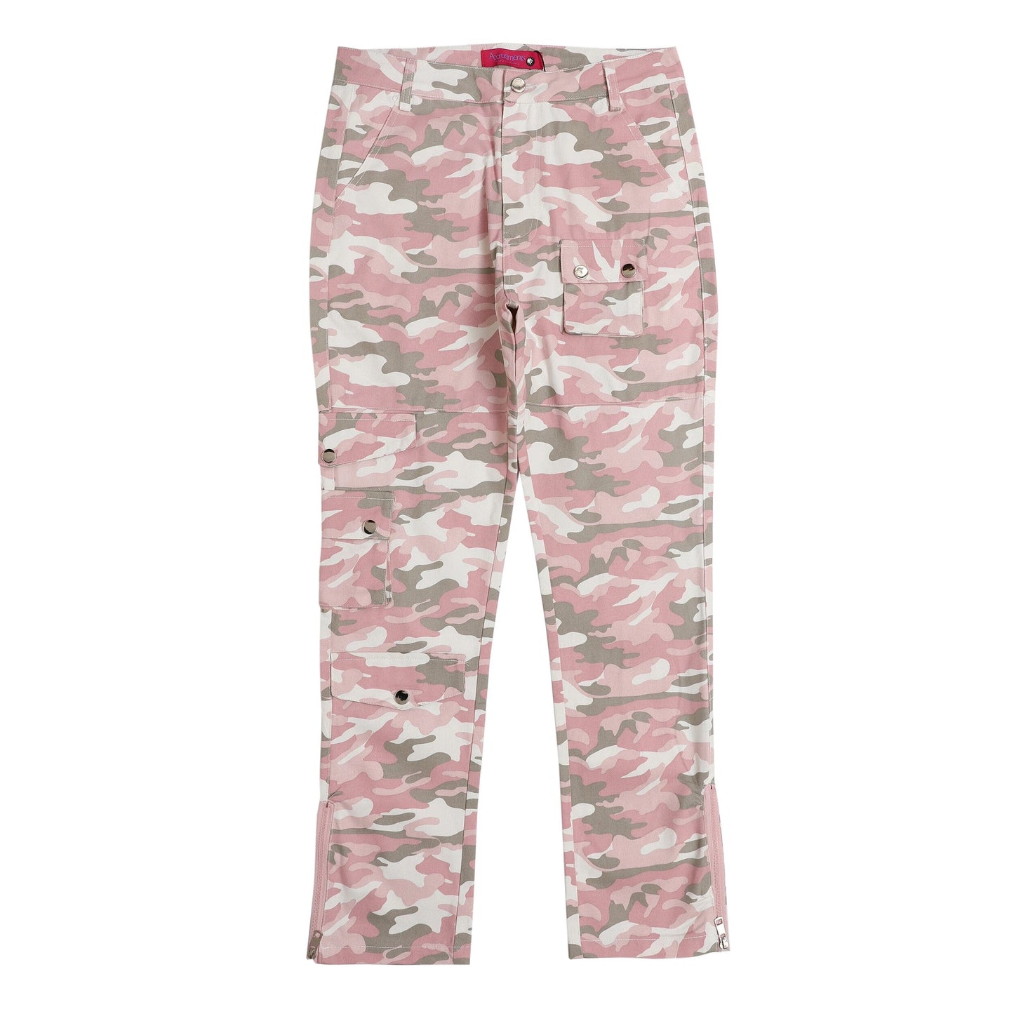 Harajuku Camou Wide Cargo Pants Hiphop Zipper Multi-pocket Pink Camouflage Micro Flared Pants for Men Slim Women Clothing