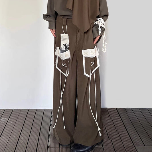 saferido Mens Japanese Loose Lazy Style Culottes Retro Tassel Drape Contrasting Color Splicing Casual Comfortable Simple Trousers For Men