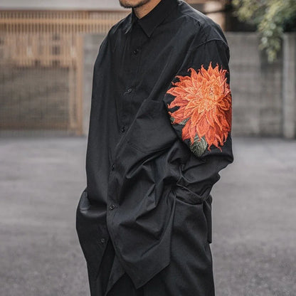 saferido Mens Autumn And Winter Japanese Red Dahlia Embroidered Shirt Floral Retro Essential Dark Style Long-Sleeved Shirt For Men