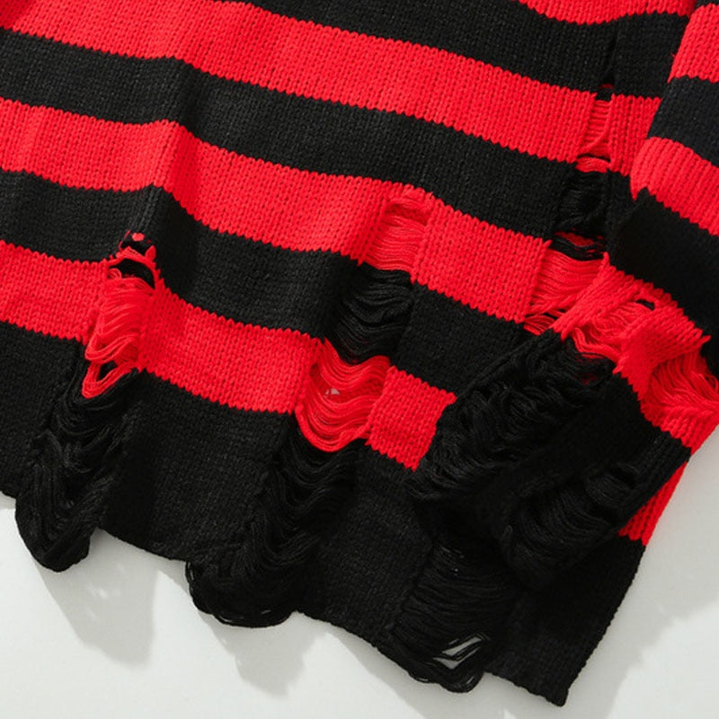 Hip Hop Striped Knitted Sweater Mens Womens Harajuku Hole Knit Jumpers Oversized Streetwear Casual Loose O-Neck Pullover Couples