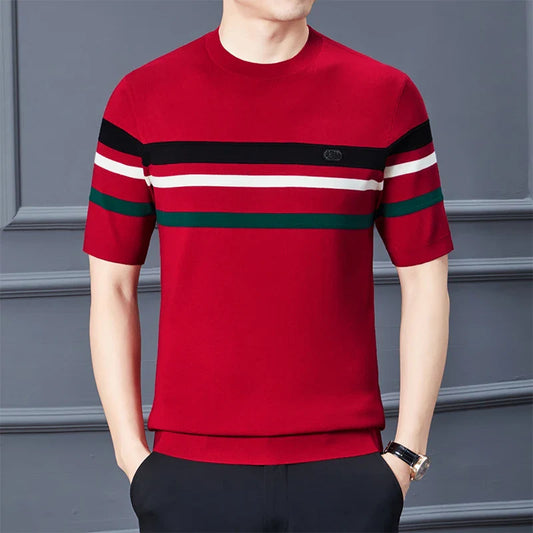 saferido Round Neck Men's Knitwear Spring 2024 Silk Velvet Half Sleeve Thick T-shirt Business Gentleman