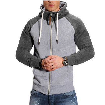 Autumn and Winter Men's Color Matching Sport Plus Fleece Cardigan Hoodie Casual Fashion European Code with Rotator Sleeve Coat