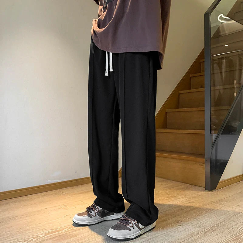Gray/Black Spring Summer Ice Silk Straight Pants Men's Pleated Loose Casual Mopping Trousers Trend Daily Streetwear Harem Pants