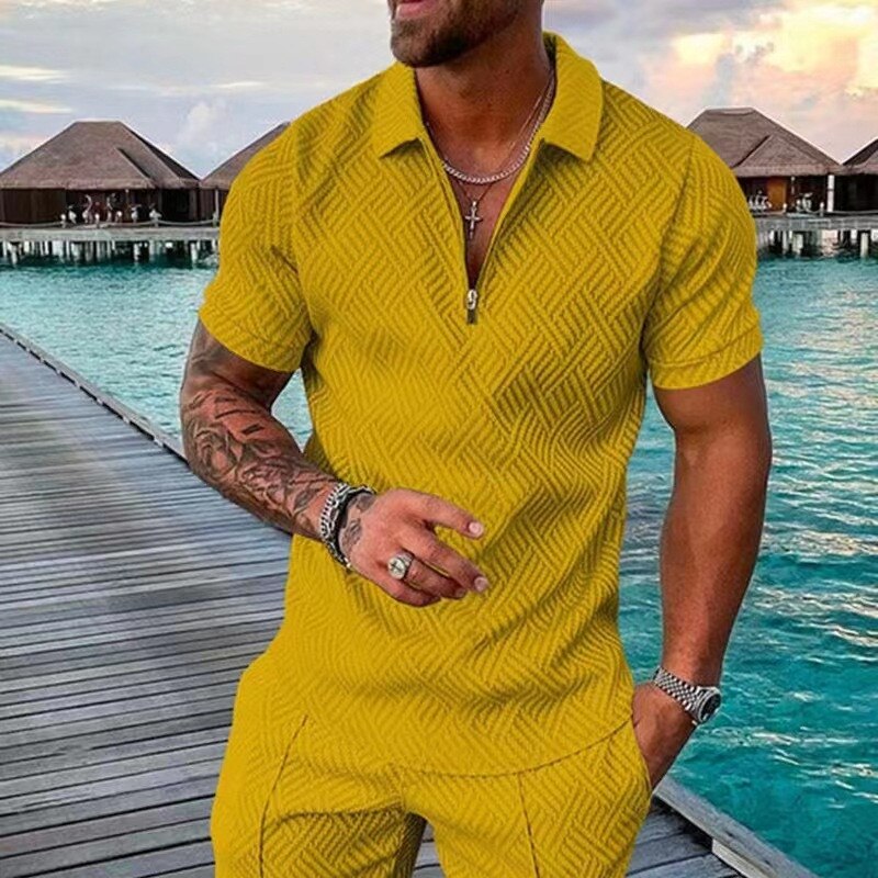 Men Summer Hawaiian Turn Down Collar V Neck T-Shirt Casual Zipper Short Sleeve Blouse Daily Tee High Quality Clothing S-3XL