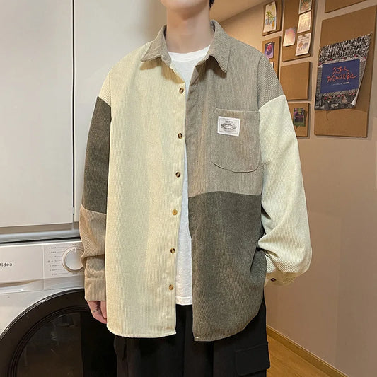 saferido Corduroy Shirt Men Vintage Splicing Top Oversized Long Sleeves Blouse Trend Fashion Streetwear Spring Autumn Y2K Male Clothes