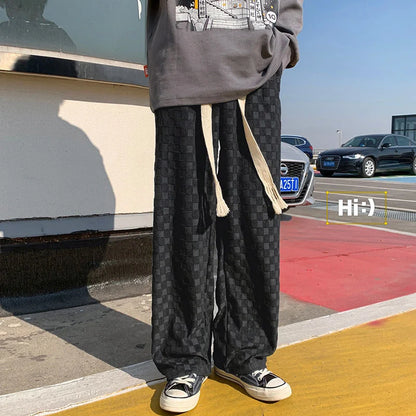 saferido Straight Wide Leg Knitted Sweatpants Men's Spring Autumn Solid Color Plaid Casual Pants Sports Trend Classic All-match Trousers