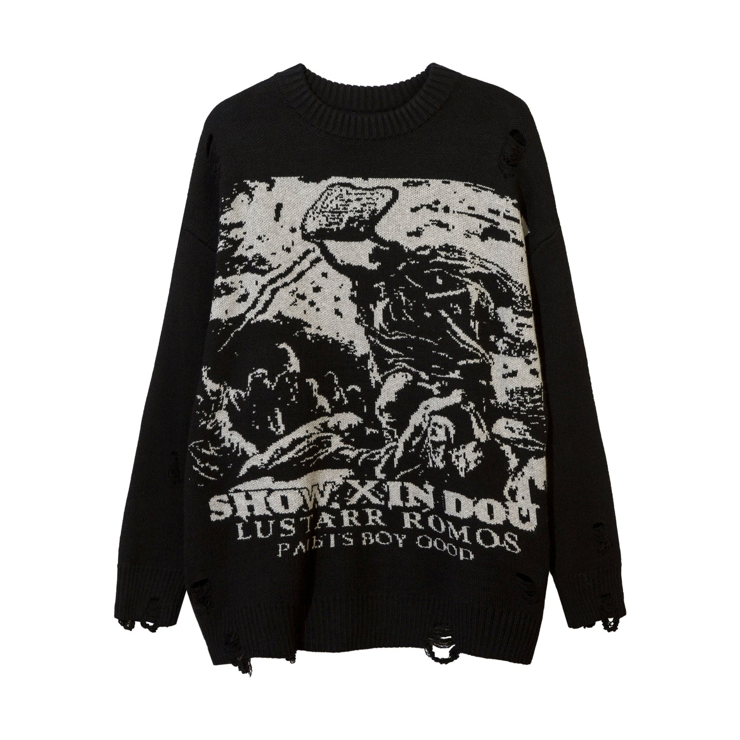 Harajuku Printed Knitwears Women Streetwear Hip Hop Destroyed Hole Ripped Pullovers Jumper Oversized Men
