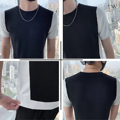 saferido Spring Autumn Men Cashmere Short Sleeve Sweaters Male Casual O-Neck Solid Color Chic Knitted Pullovers Tops 3XL-M