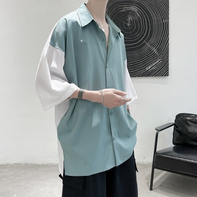 Summer Men Shirt Short Sleeve Solid Color Shirts For Man Vintage Harajuku Casual Oversized Blouses Fashion Men's Clothing
