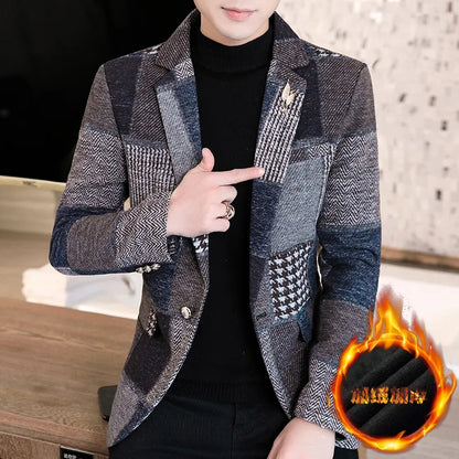 Winter New Men Suit Blazers Jackets Thickened Version Plaid Casual Suits Jackets Coats Business Formal Wear Men Slim Fit Blazers