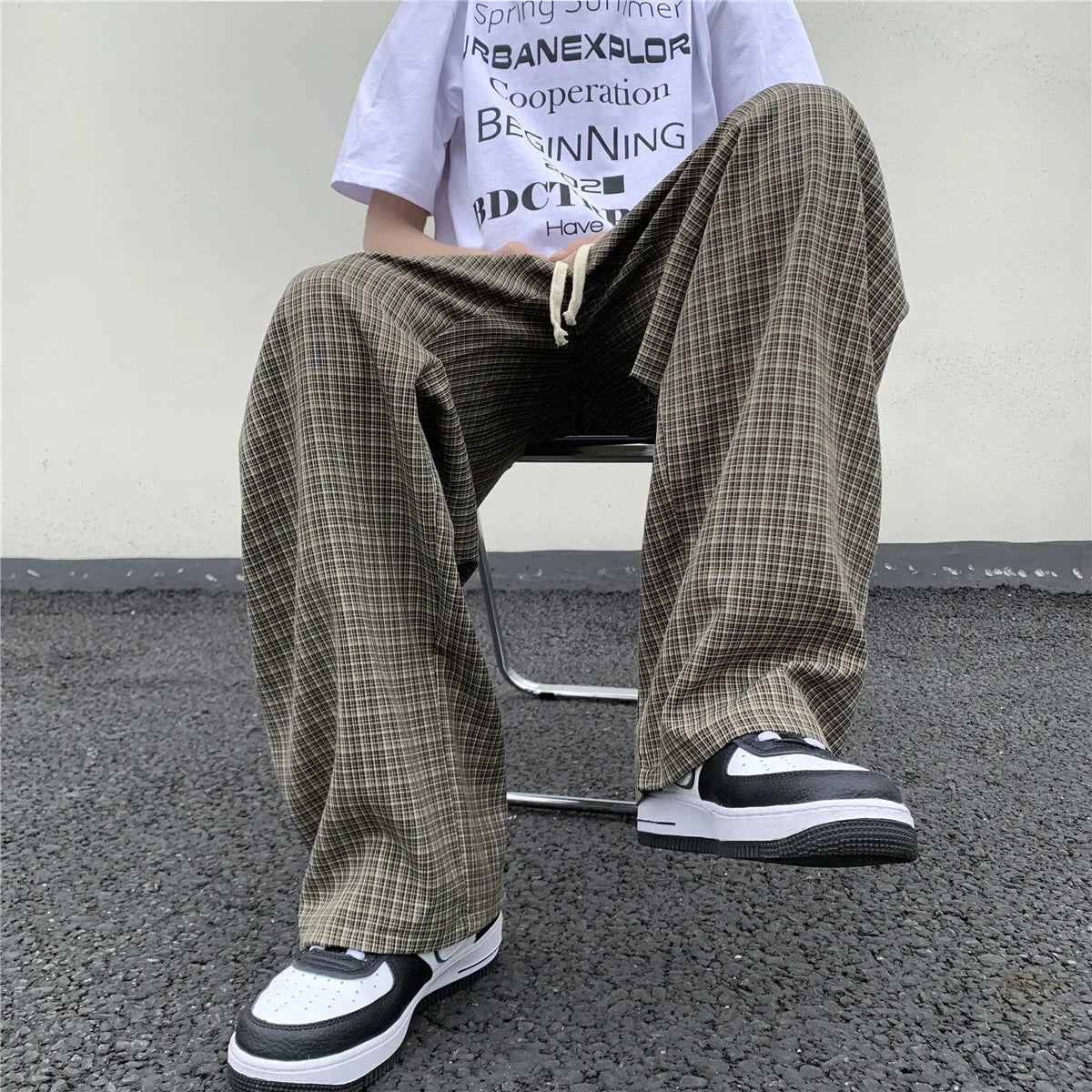 Summer/Autumn Plaid Pants Men Loose Casual Straight Trousers for Male/Female Harajuku Hip-hop Streetwear Wide-leg Mopping Pants