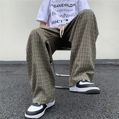 Summer/Autumn Plaid Pants Men Loose Casual Straight Trousers for Male/Female Harajuku Hip-hop Streetwear Wide-leg Mopping Pants