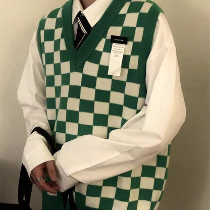 Autumn Arctic Velvet Checkerboard Pattern Men's Sweater Vest Retro V-neck Sleeveless Knit Vest Woolen Korean Clothes