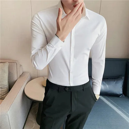 saferido  Men Spring High Quality Business Dress Shirts/Male Slim Fit High Elastic Force Long Sleeve Shirts Size S-4XL