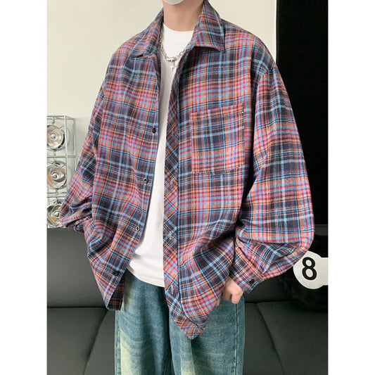 saferido Autumn Long Sleeved Shirt Men Oversized Fashion Retro Casual Shirt Men Streetwear Korean Loose Plaid Shirt Mens Vintage Shirts