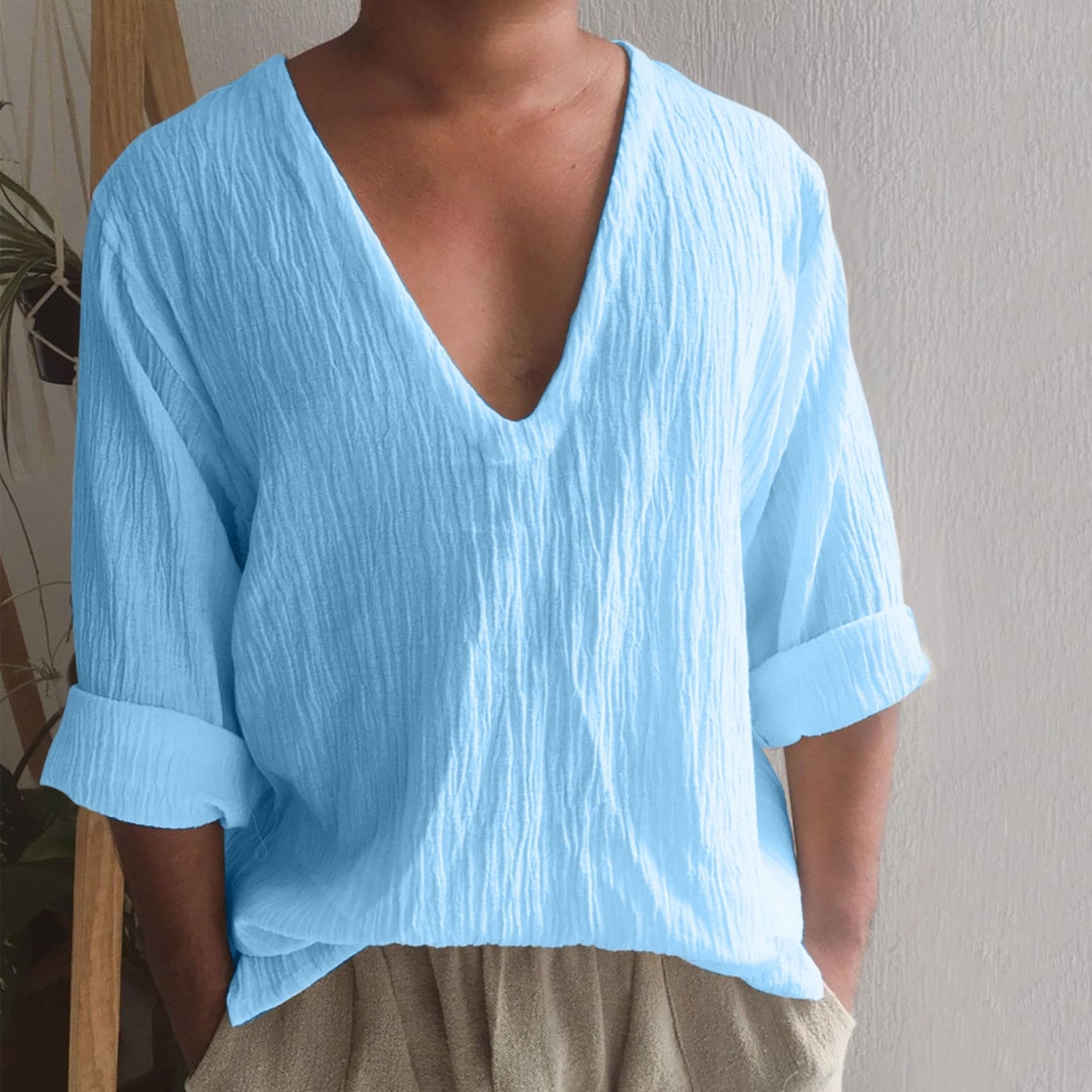 Vintage Imitation Linen Shirt Men Breathable Casual Long Sleeve Oversize Tops Summer V Neck Boho Style Mens Shirts 의류 Кофта