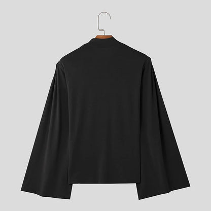 saferido American Style New Men's Layered Design Swing Collar T Shirts Retro Streetwear Leisure Solid Long Sleeved Irregular Blouse S-2XL
