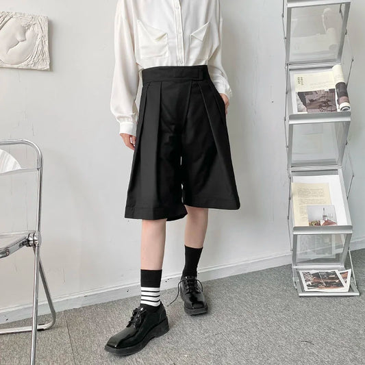 saferido New Niche Design Pasted High Waist Khaki Causal Wide Leg Shorts Summer Korean Trend Men's Knee Length Pants
