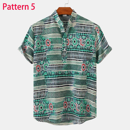 Summer New Short Sleeve Floral Hawaiian Shirt Men Half Placket Collar Beach Shirt Men Casual Holiday Vacation Clothing 3XL
