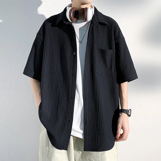 saferido Men's Short Sleeve Shirts Solid Color Blouses Fashion Streetwear Clothes College Style Tops Spring Summer Male Cardigan