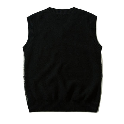saferido Japanese Retro Knitted Vest Men V-neck Color Matching Wool Sleeveless Sweaters Causal Loosed Preppy Couple Knitwear Autumn New