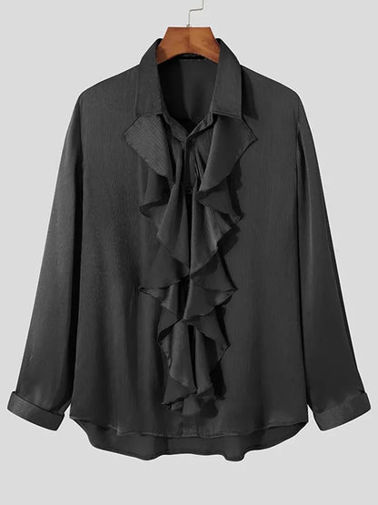 Handsome Well Fitting Men Tops Solid Comfortable Blouse Casual Hot Sale Male Loose Ruffled Long-sleeved Shirt S-5XL INCERUN