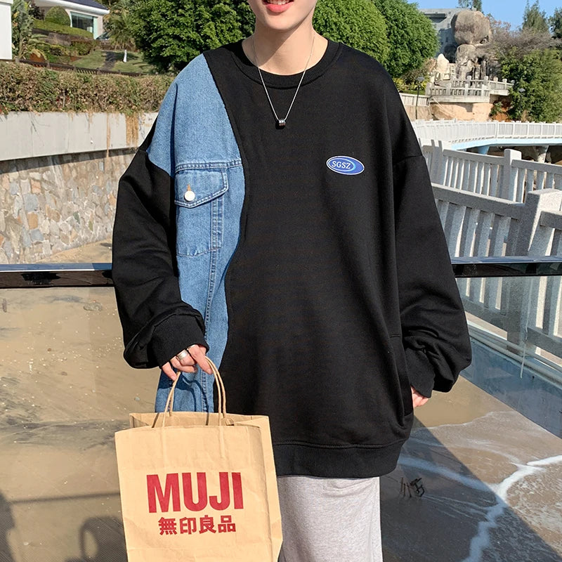 Denim Patchwork Sweatshirt for Men New Autumn Korean Fashion Loose Casual Round Neck Long Sleeve Harajuku Sweatshirt
