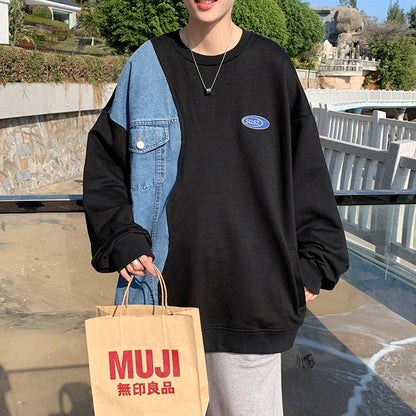 Denim Patchwork Sweatshirt for Men New Autumn Korean Fashion Loose Casual Round Neck Long Sleeve Harajuku Sweatshirt