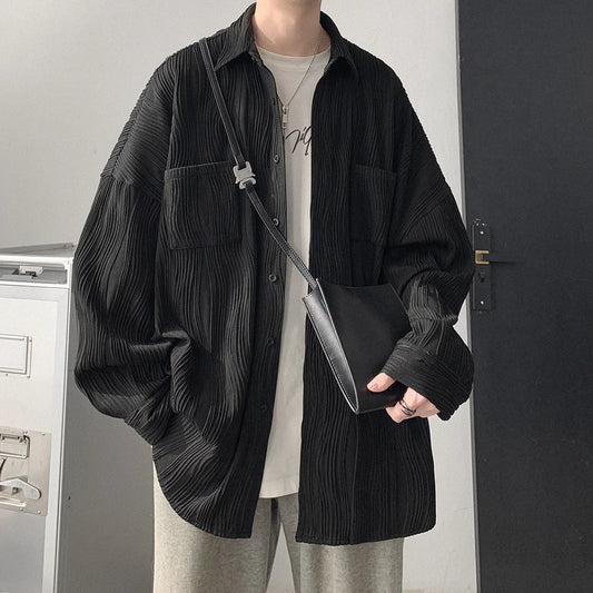 saferido Spring Black White Pleated Shiert Men Fashion Oversized Casual Shirt Men Korean Loose Pocket Long Sleeve Shirts Mens Dress Shirt