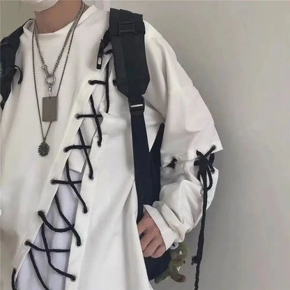 saferido 2024 New Mans Japanese Fashion Men's Street Style Lace Hoodie Punk Loose Fit Pullover Designer Colorful Hip Hop Sweatshirts