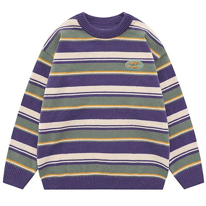 Japanese Patchwork Striped Sweater Men Knitwears New Winter Retro Vintage Harajuku Pullover Knit Embroidery Knitted Sweater