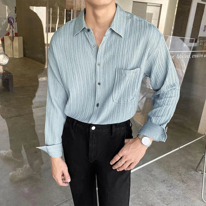 Autumn Clothing Men's Luxury Suit Collar Draped Shirts Retro Leisure Korean Popular Clothes Button-down Long Sleeve Solid Color