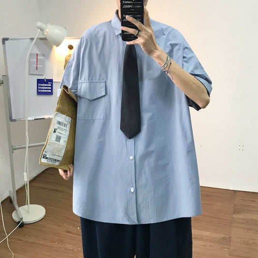 saferido       Summer New Fashion Loose Solid Shirts Men's  Casual Short Sleeve Shirts Turn-down Collar Clothing Blouses Tops Q02