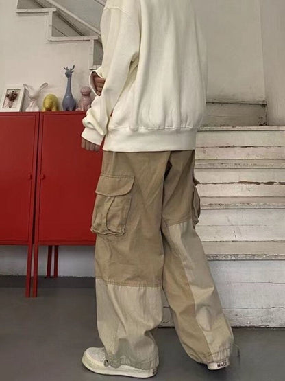 Vinatge Big Pocket Cargo Pants Men Spring Autumn Harajuku Japanese Loose Straight Wide-leg Casual Trousers Tactical Streetwear