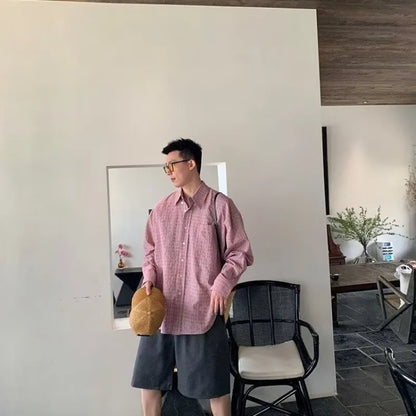 saferido Pink Plaid Shirts Men American High Street Vintage All-match Teens Streetwear Teens Couples Baggy Summer Autumn Y2k Tops Chic