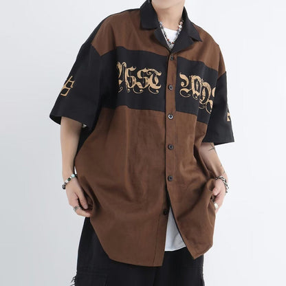 Summer New Hiphop Shirt Y2K Lapel Fashion Color Contrast Splicing Tooling Loose Short-sleeved Shirt Top Men's Clothing
